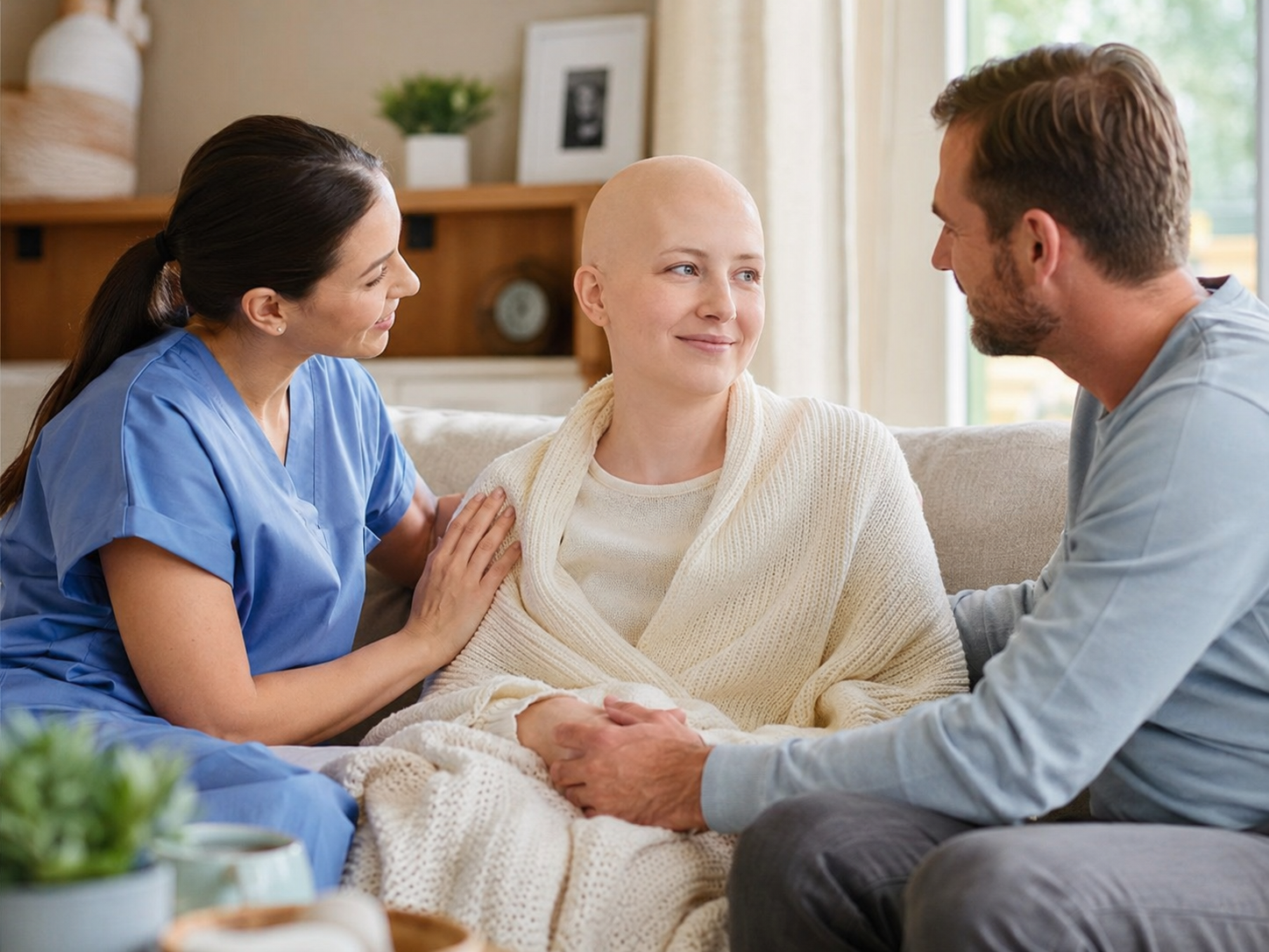 Care providers holding hands with senior patient